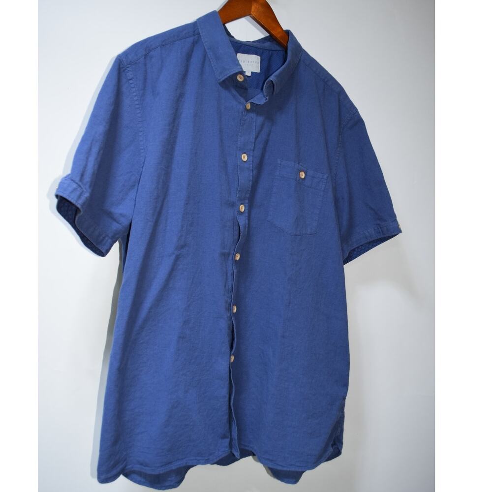 Ted Baker London Blue Linen Blend Short Sleeve Button Front Shirt Size 7 (XXL)